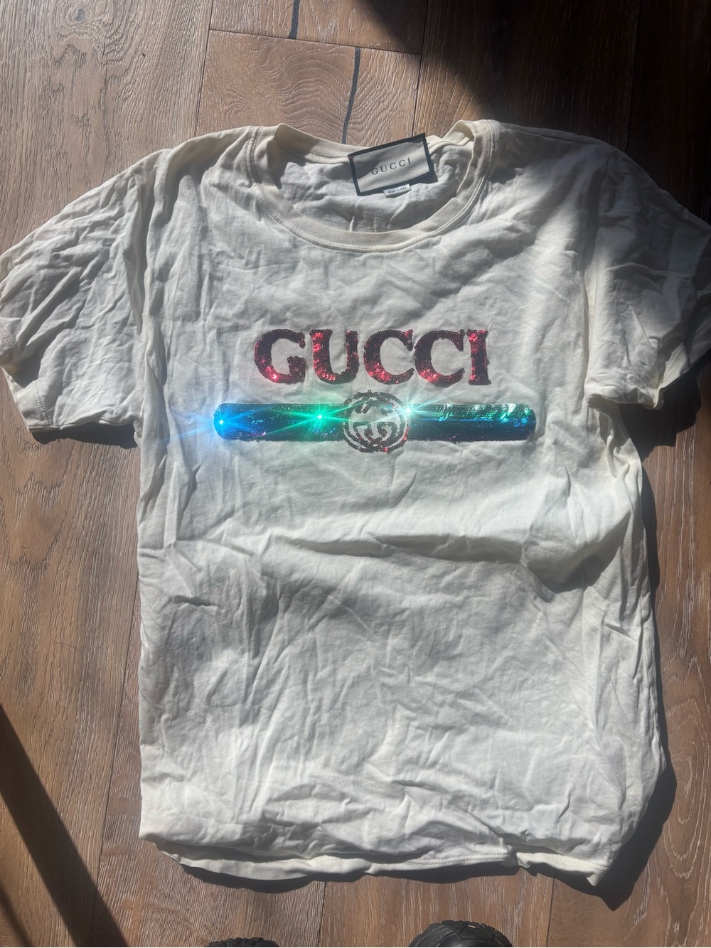 Gucci White Short Sleeve Tee with Red Sequin Logo and Iridescent Stripe